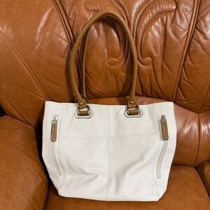 Tignanello White/Brown Satchel Shoulders Bag Pebbled  Leather